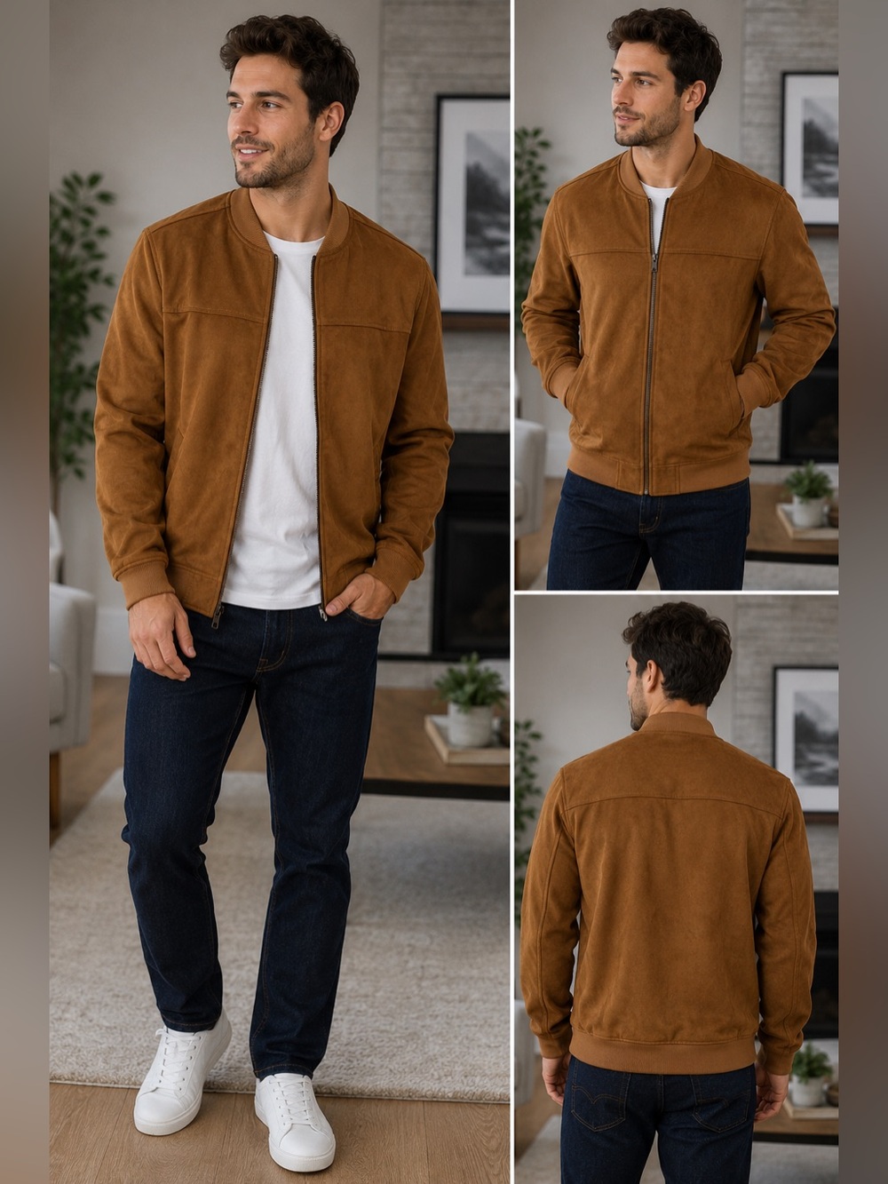𝘿𝙚𝙣𝙞𝙢 & 𝙁𝙡𝙤𝙬𝙚𝙧 by Ricky Singh Men’s Faux Suede Bomber Jacket – Size Small